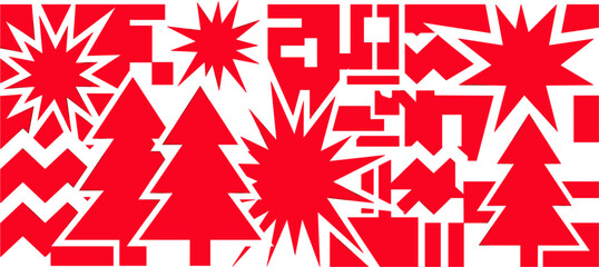 Obraz premium Abstract Christmas Brutalist Graphic Asset Set with Red Geometric Pine Trees Starbursts and Star Silhouettes for Brutalist Holiday Graphic Designs