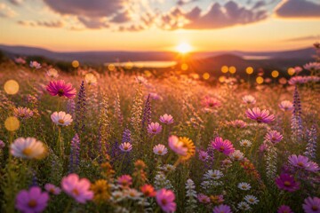 Fototapeta premium Wildflower meadow blooming at sunrise over rolling landscape