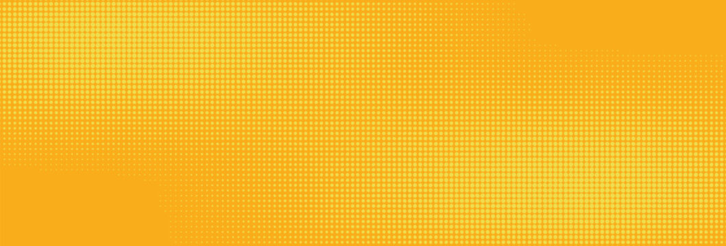 Yellow halftone pattern. Retro comic gradient background. Bright orange pixelated dotted texture overlay. Cartoon pop art faded gradient pattern. Vector backdrop for poster, banner, advertisement