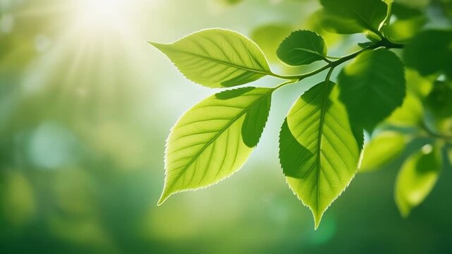 Close up of vibrant green beech leaves with detailed veins under soft sunny backlight