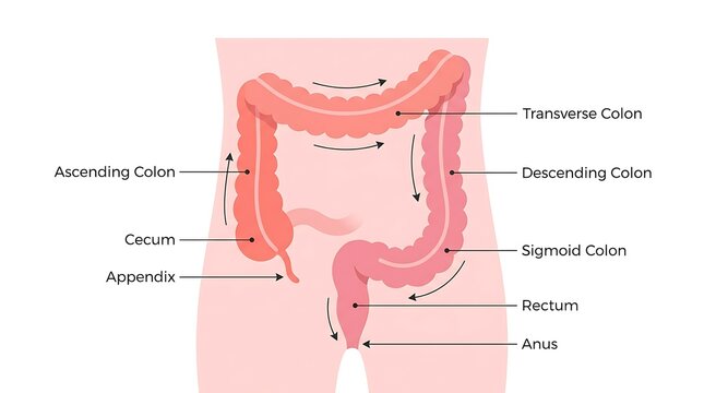 Anatomical diagram of human large intestine showing colon segments and flow