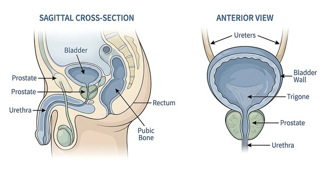 Anatomical diagram of male urinary system, sagittal cross-section and
