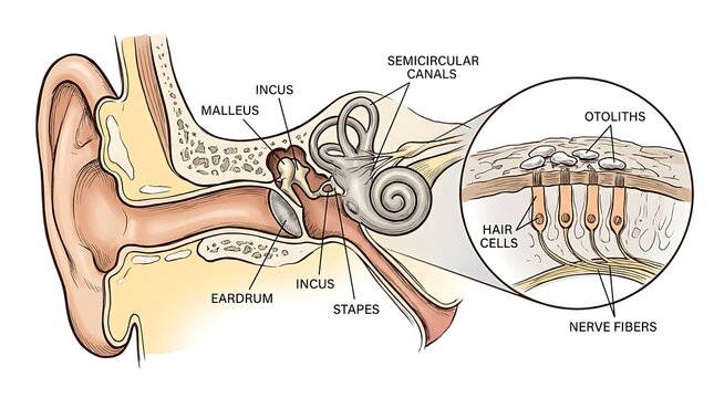 Anatomical diagram of the human ear with magnified view of inner ear cells