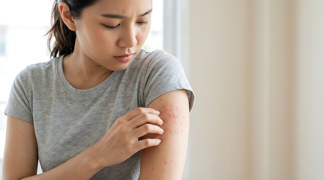 Young Asian woman scratching her arm due to a red, itchy rash or allergic reaction, indicating a skin problem, eczema, or dermatitis