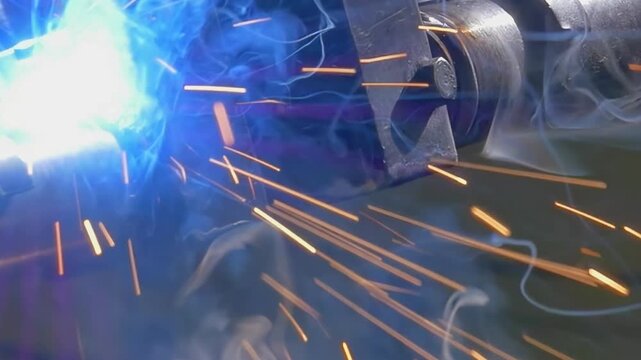 Close-up of industrial argon welding robot brings metal pipes to life. Sparks fly and clouds of smoke rise in slow motion, showcasing intricate dance of technology and craftsmanship in captivating way