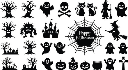 Obraz premium Halloween Silhouette Icons Collection with Ghosts Witches Pumpkins and Haunted Symbols