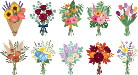 Vector bundle of colorful botanical flower arrangements for bride invitations greeting cards spring decoration pattern print wrapping paper and scrapbooking (21 words) © MdShakib