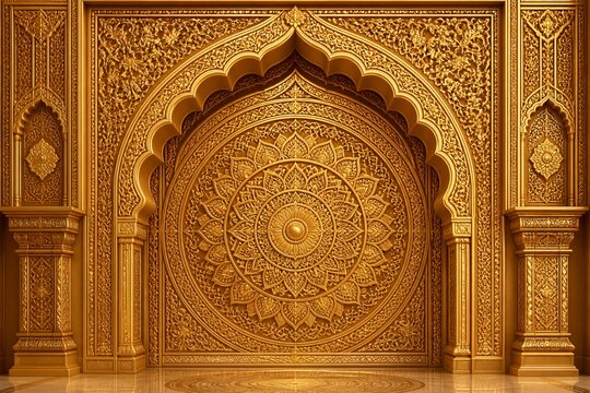 Ornate carved mandala panel within golden archway interior