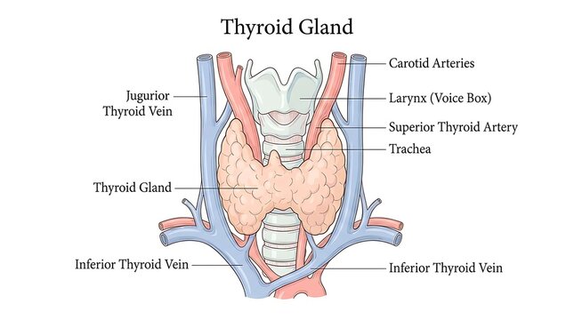 Anatomical diagram of the human thyroid gland and surrounding vessels anatomy
