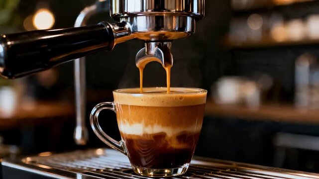 Slow motion of warm espresso dripping into glass cup