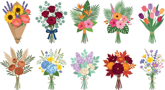 Vector bundle of colorful botanical flower arrangements for bride invitations greeting cards spring decoration pattern print wrapping paper and scrapbooking (21 words)