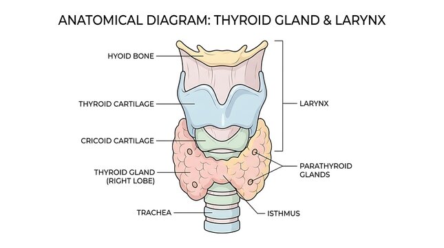 Anatomical diagram of the human thyroid gland, larynx, and parathyroid glands
