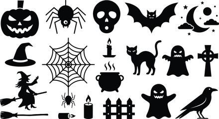 Fototapeta premium Halloween Silhouette Icons Set with Witch Ghost Pumpkin and Spooky Symbols