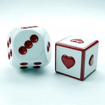 Two stylized dice showing three red dots and heart symbols on faces isolated clearly