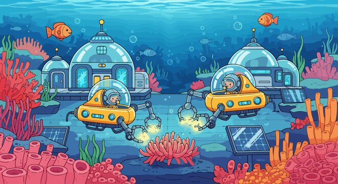 Underwater research base with submarines exploring coral reef.