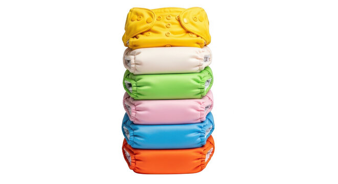 Stack of colorful reusable cloth diapers isolated on transparent background
