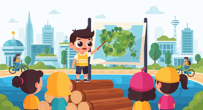 Young boy teaching children about nature and environment outdoors.
