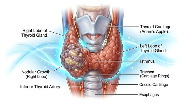 Anatomical of the human thyroid gland with a visible nodular growth anatomy