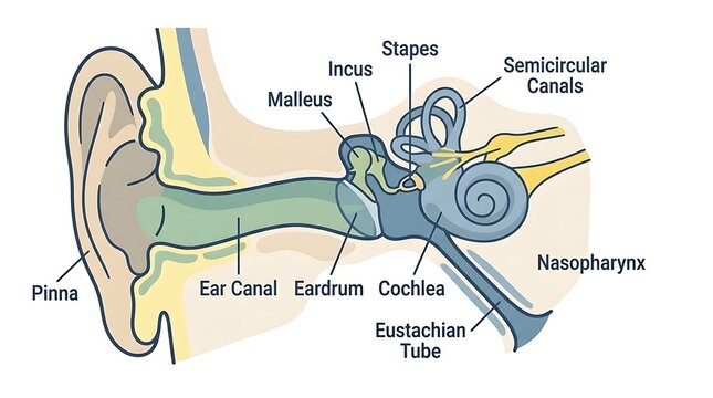 Anatomy of the human ear, cross-section diagram with labeled internal structures