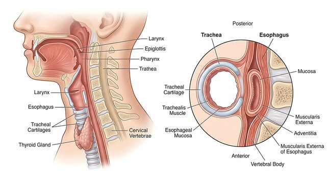 Anatomy of the human throat and trachea esophagus cross section diagram