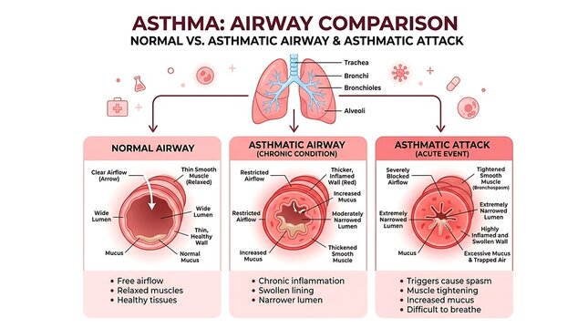 Asthma airway comparison infographic showing normal and asthmatic lung