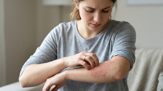 Distressed Woman Scratching Red, Inflamed Rash on Forearm, Suffering from Severe Skin Irritation and Itching