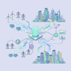 Obraz premium AI microchip managing a smart city and green energy grid