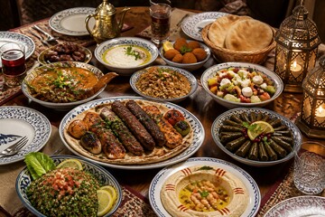 Obraz premium Assorted mezze platter with dips and grilled skewers spread