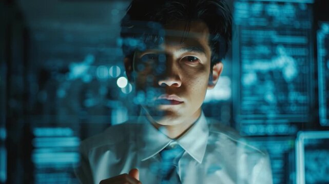 Man office glass screen blue computer technology control data analysis network digital monitor interface business young man white shirt tie screen