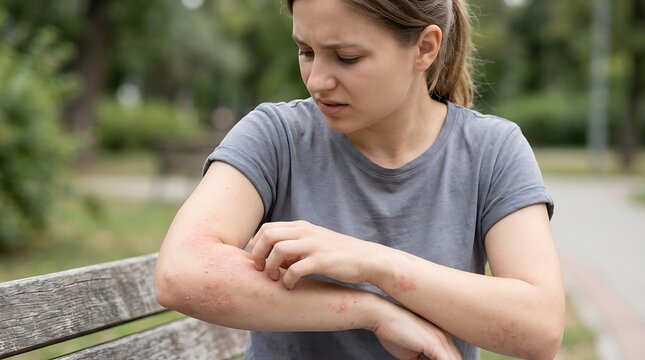 Young Woman Suffering from Itchy Red Rash on Arm Outdoors, Experiencing Discomfort and Allergic Reaction