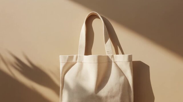 Plain beige canvas tote bag mockup hanging against a neutral warm background with minimalist aesthetic plant shadows