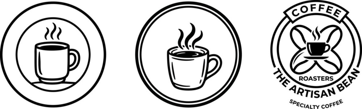 Black and white coffee cup and bean logos for specialty coffee roasters