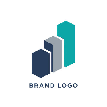 Dynamic growth business bar chart logo icon with three dimensional isometric columns set.