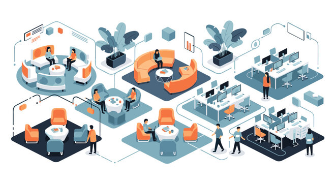 Isometric view of a contemporary coworking space featuring different zones for solo work and collaborative meetings.