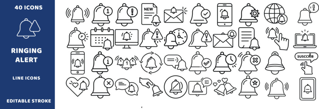 Ringing alert line icons. Notification reminder alarm bell symbols, user interface notice digital sound settings, and subscriber app badge elements vector set