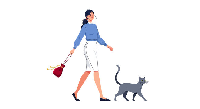 Woman walking with cat and handbag illustration.