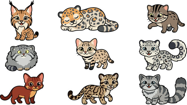 Cute wild cat cartoon vector set featuring adorable baby leopard lynx pallas cat snow leopard cub stickers isolated on white background for kids design (24 words)