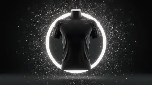 Blank black t shirt mockup on a mannequin silhouette surrounded by a glowing neon white light circle ring background