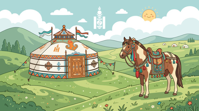 A horse stands beside a traditional yurt in a serene green valley landscape.