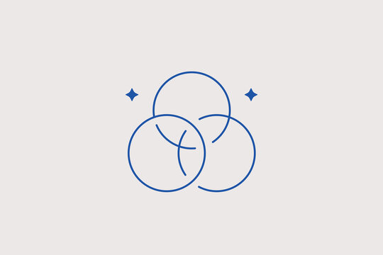 Three intersecting circles venn diagram line icon for color mixing theory, graphic design studio, marketing analytics. Smart vector illustration for geometry logic.