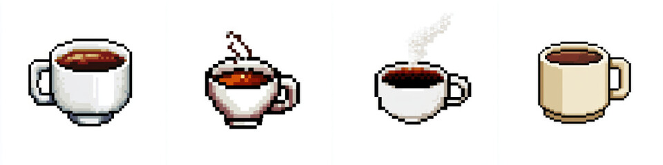 Fototapeta premium Coffee mug pixel art coffee white cup steaming drink hot beverage simple icon retro style pixelated design minimal illustration isolated object white background coffee mug pixel art coffee white