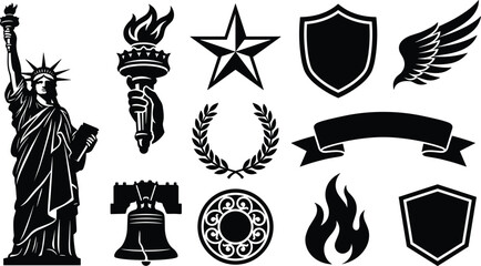 Fototapeta premium USA Patriotic Heritage Vector Set with Statue of Liberty Torch Bell Shield and Wing Emblems