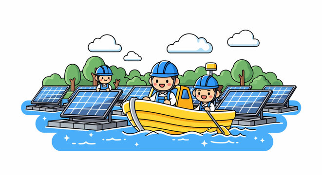 Workers in a boat installing solar panels on water.