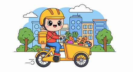 Naklejka premium Cartoon delivery person riding a bicycle with groceries in a basket.