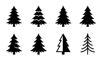 Obraz premium Pine tree silhouette vector icon set with rustic evergreen conifer fir and linear minimalist Christmas trees for forest design