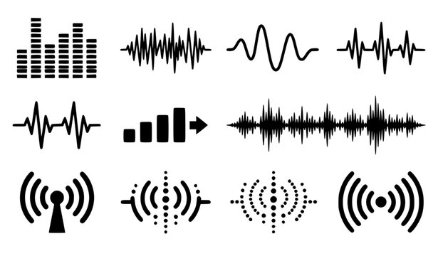 Audio sound wave icon set with digital equalizer bars radio broadcast signal tower and textured waveform music symbols vector