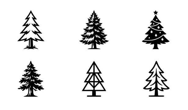 Pine tree icon vector set with linear geometric conifers textured holiday firs and decorated star Christmas tree elements
