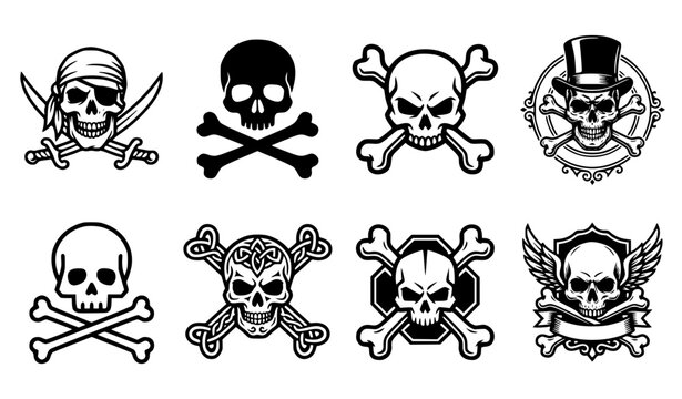 Pirate skull and crossbones vector icon set with crossed swords gentleman top hat and winged biker crest elements