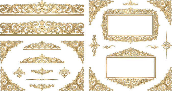 Luxury gold vintage frame and border set with elegant baroque ornaments filigree corners classic dividers and wedding invitation decoration vector elements collection