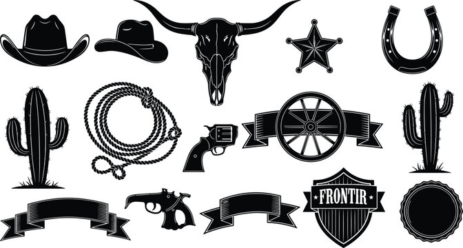 Western Cowboy Frontier Vector Set with Hat Longhorn Skull Revolver Horseshoe and Cactus